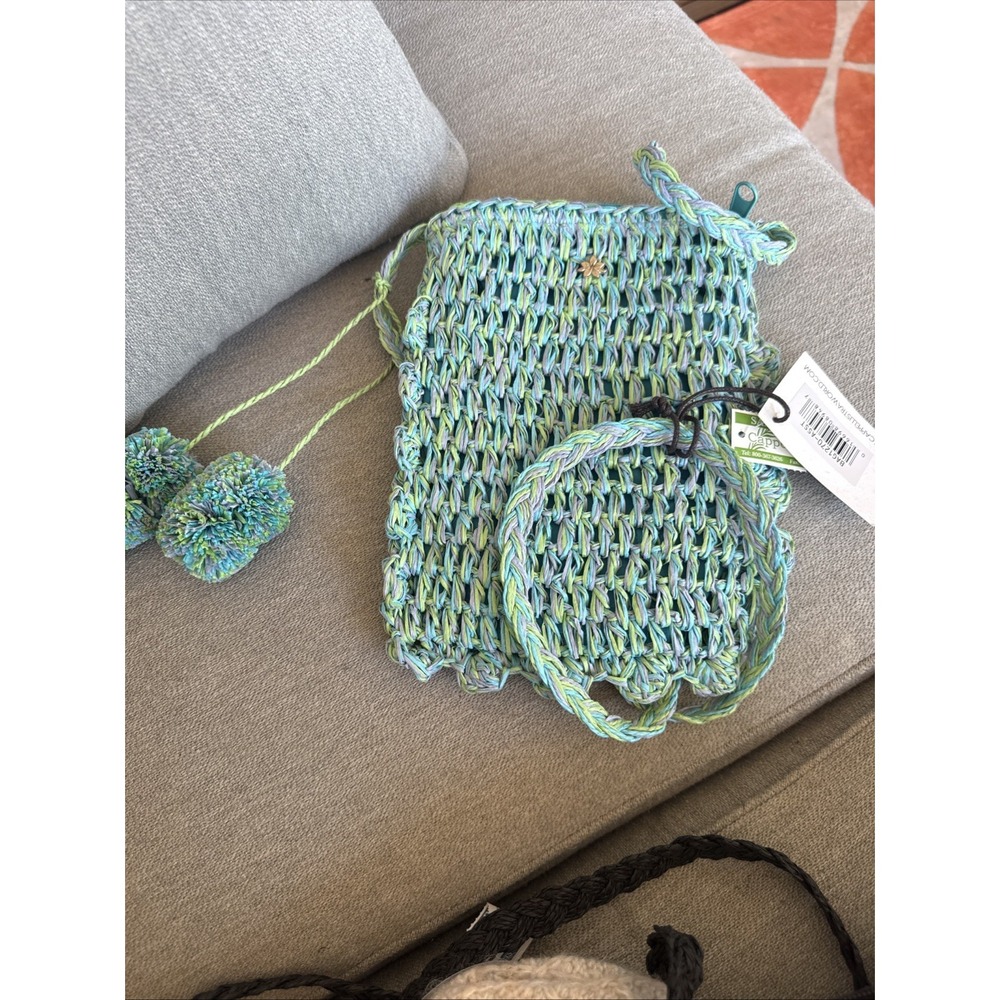 Chappelli by Straworld White Woven Cross Body Multicolor Teals On Shoulder Strap